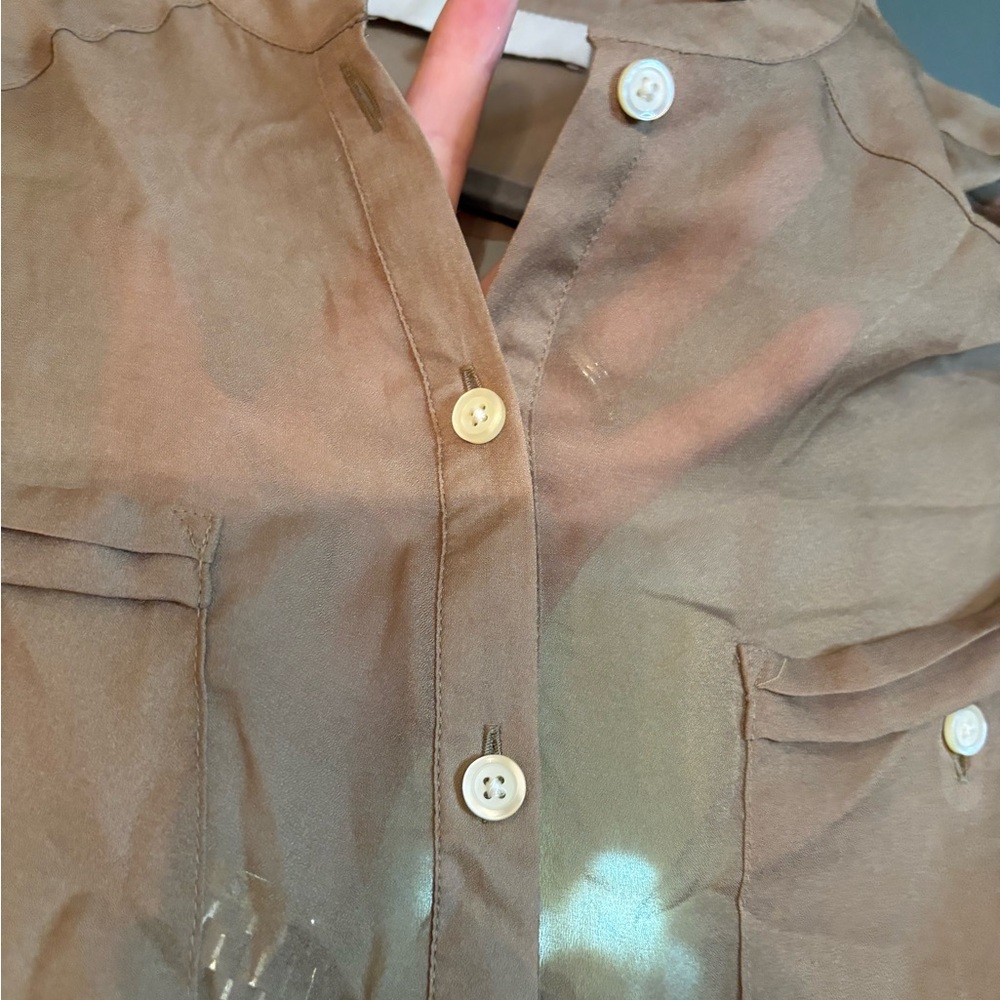 LOFT Taupe Long-Sleeve Button-Front Blouse - Picture 4 of 8